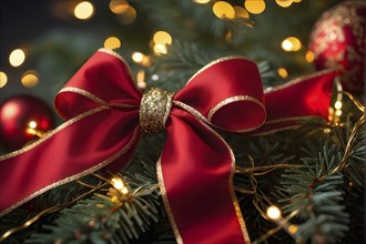 Christmas garland with gold and red ribbons intertwined with pine needles and tiny twinkling