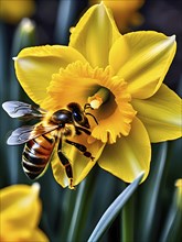 Honeybee collecting nectar from a vibrant yellow daffodil, showing intricate details of the flower