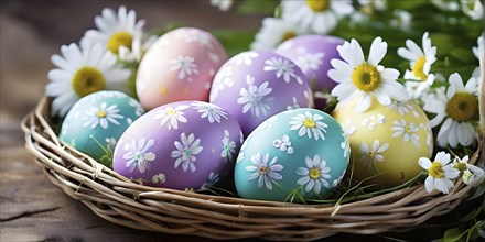 Pastel-colored Easter eggs in a wicker basket, surrounded by delicate spring flowers like daisies