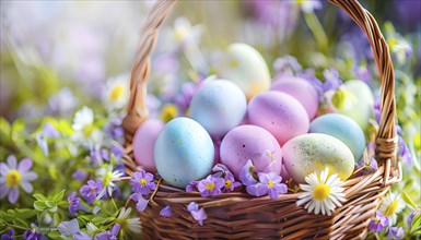 Pastel-colored Easter eggs in a wicker basket, surrounded by delicate spring flowers like daisies