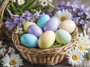 Pastel-colored Easter eggs in a wicker basket, surrounded by delicate spring flowers like daisies