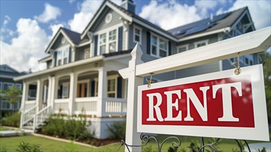 Home for rent real estate sign in front of house. generative AI, AI generated