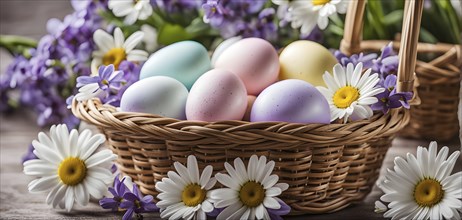 Pastel-colored Easter eggs in a wicker basket, surrounded by delicate spring flowers like daisies