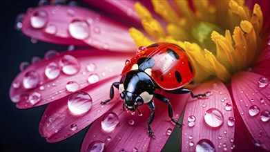 Ladybug crawling on a wet flower petal, with rain droplets, AI generated