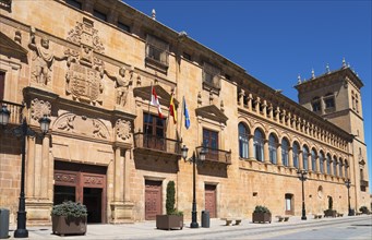 Historic facade of a building with flags and arches, bright sunshine and clear sky, Palacio de los