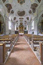 Magnificent church interior of the Maria Gern pilgrimage church in Baroque style, white and gold