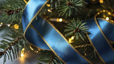 Christmas garland with gold and blue ribbons intertwined with pine needles and tiny twinkling