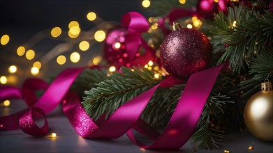 Christmas garland with gold and magenta ribbons intertwined with pine needles and tiny twinkling