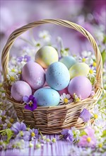 Pastel-colored Easter eggs in a wicker basket, surrounded by delicate spring flowers like daisies