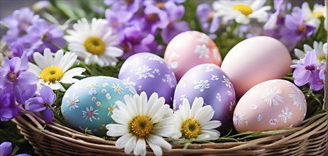 Pastel-colored Easter eggs in a wicker basket, surrounded by delicate spring flowers like daisies