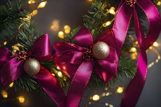 Christmas garland with gold and magenta ribbons intertwined with pine needles and tiny twinkling