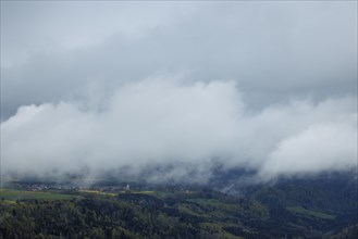 Mountain landscape with dense cloud cover over green hills, Wutach Gorge, Buchberg, Blumberg,