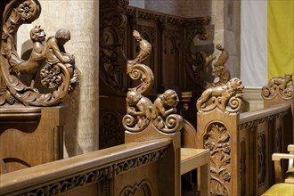 Interior view, detail, choir stalls, Basilique Sankt Willibrord, Echternach, Luxembourg, Europe