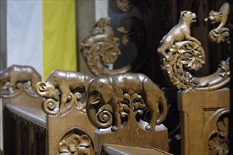 Interior view, elephant, choir stalls, Basilique Sankt Willibrord, Echternach, Luxembourg, Europe