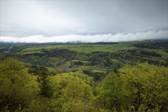 Wide green valleys and forests under a cloudy sky, Wutachschlucht, Buchberg, Blumberg,