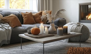 Scandinavian living room with a grey rug, wooden coffee table, autumn-colored cushions, and candles