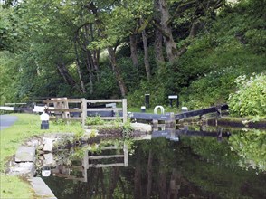 Old wooden lock gates with trees and flowers reflected in the water with mooring posts and fences