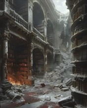 A destroyed library with evidence of fire and snow, decayed bookshelves creating an eerie, dark