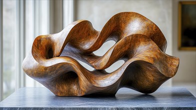 Abstract wooden sculpture with wavy, smooth surfaces, displayed indoors as an art piece, AI