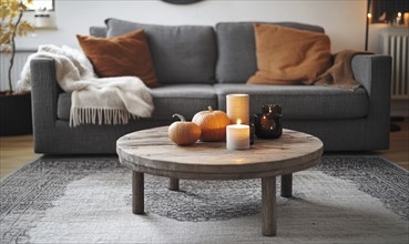 Scandinavian living room with a grey rug, wooden coffee table, autumn-colored cushions, and candles