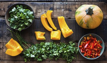 A top-down view of a wooden table with fresh cilantro, pumpkin wedges, garlic cloves AI generated