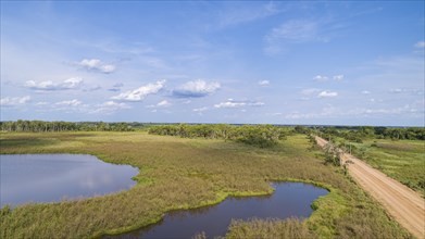 Aerial view of Transpantaneira dirt road along a typical lagoon and meadow landscape, with blue