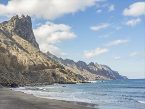 View of the beach and the rocky mountains on the coast under a clear sky, tenerife, canary islands,