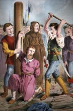 Anabaptist Christian having his hand cut off at the stake