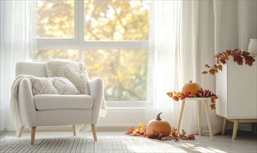 Scandinavian living room with a white armchair, light wooden side table, autumn leaves garland, and