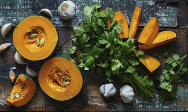 A top-down view of a wooden table with fresh cilantro, pumpkin wedges, garlic cloves AI generated