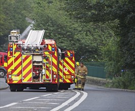 Hebden bridge, west yorkshire, united kingdom, 1 august 2019: fire engines in the road at the