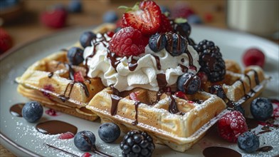 Waffles topped with whipped cream, strawberries, raspberries, blueberries, and chocolate drizzle,