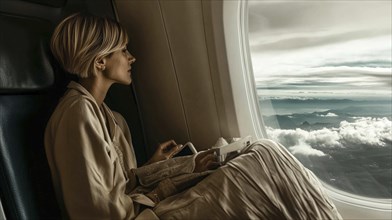 A woman gazing out the airplane window at the clouds, reflecting a serene and comfortable travel