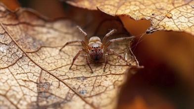 Close-up of a spider on a dry leaf, capturing its intricate details and the textured autumn