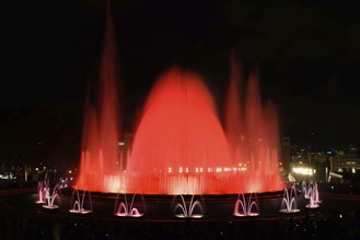 The colorful water show of Magic Fountain of Montjuic with light and music in Barcelona, Spain,