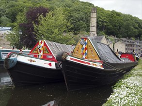 Hebden bridge, west yorkshire, england, 23 may 2019: old barges at the narrow boats club gathering