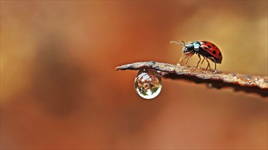 Macro shot of a ladybug on a branch with a water droplet, autumn vibes, AI generated