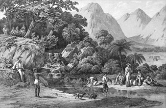 Expedition of an American squadron while in Kanaka Village, Bonin Islands, Japan on engraving from