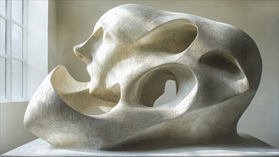 Large abstract stone sculpture with hollow sections and a smooth beige texture, illuminated by