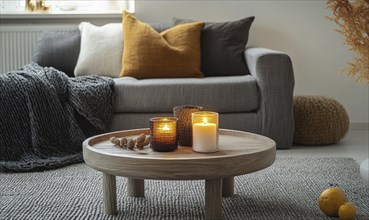 Scandinavian living room with a grey rug, wooden coffee table, autumn-colored cushions, and candles