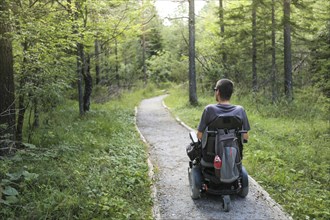 Happy man on wheelchair in nature. Exploring forest wilderness on an accessible dirt path