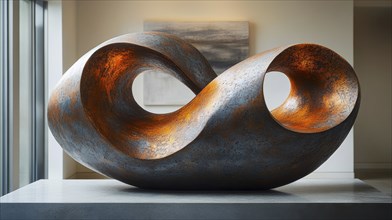 A large metal sculpture with an infinity shape and a rusty texture, displayed indoors, AI generated