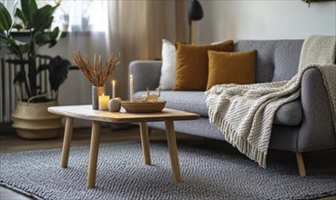 Scandinavian living room with a grey rug, wooden coffee table, autumn-colored cushions, and candles