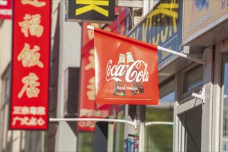 Coca Cola flag in front of a Chinese restaurant, Hamburg, Germany, Europe