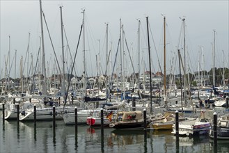 Sailing boats in the Rosenhof marina on the Priwall, seaside resort of Travemünde, Hanseatic city