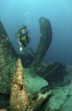 Diver and propeller of the wreck Astron, Parapriacanthus ransonneti, Punta Cana, Caribbean Sea,