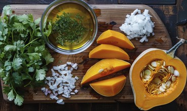 A top-down view of a table with fresh cilantro, pumpkin wedges, minced garlic, and a bowl of herbs