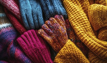 Vibrant knitted hats on a rustic wooden background AI generated