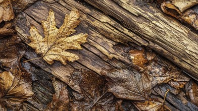 Texture of fallen leaves and wood on the forest floor in rich autumnal colors, AI generated