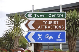 Signs directing tourists to the centre of Hokitika, West Coast, New Zealand, Oceania